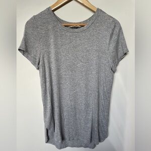 COVERSTITCHED - gray side slit tshirt top. 95%rayon 5% spandex